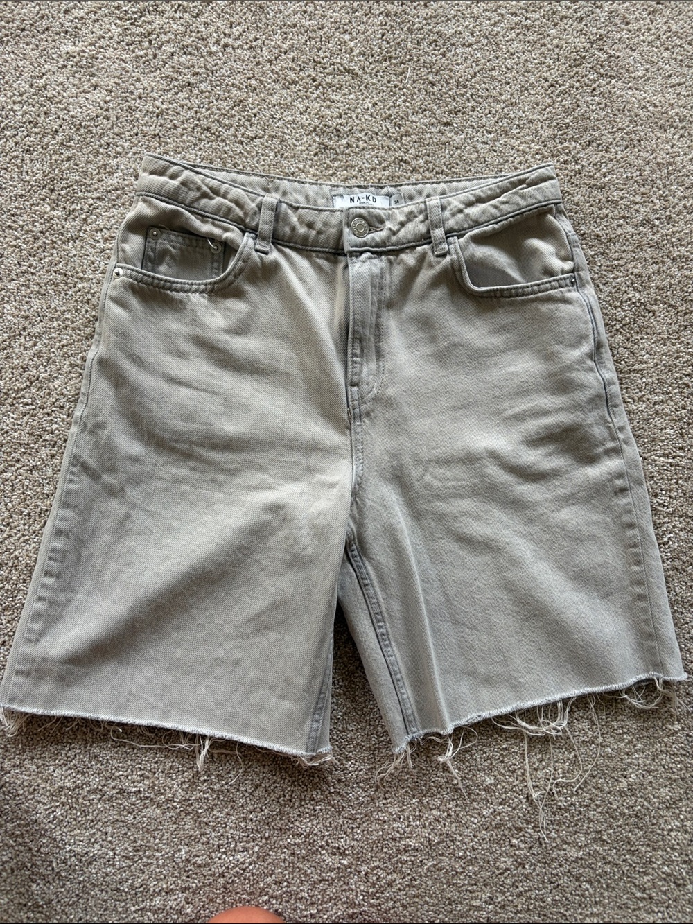 NA-KD Raw Hem Denim Bermuda Shorts in Beige